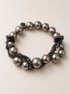 Givenchy Gunmetal Gray Pearl Stretch Bracelet Black Chain Statement Bracelet